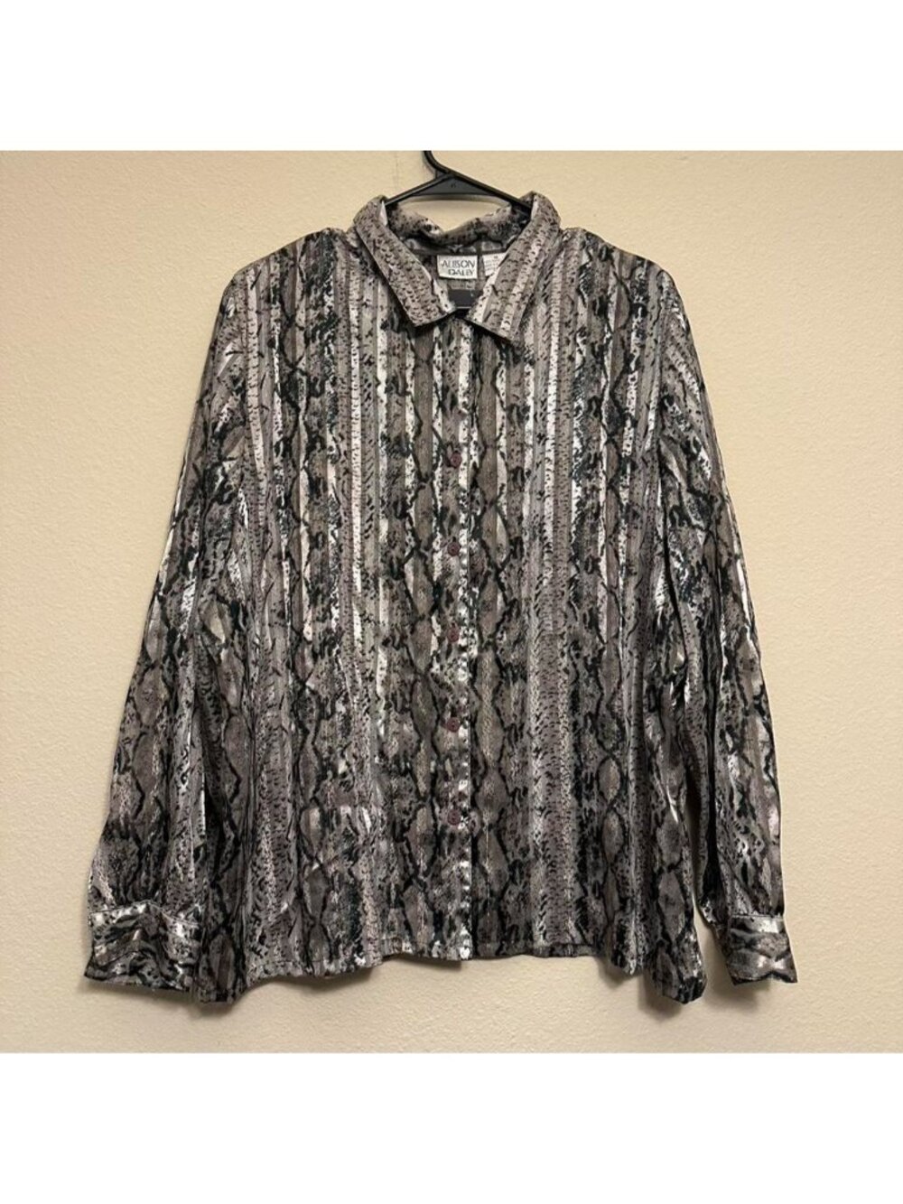 Vintage Allison Daley Metallic Silver Snake Print Button Blouse
